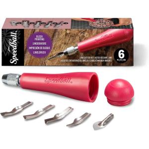 imageSpeedball Linoleum Cutter Kit 2Handle Tool Set Includes 6 Professional Linocut Carving Blades Made in USARed